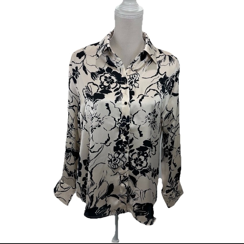 Floral Cream and Black Button-Front Blouse